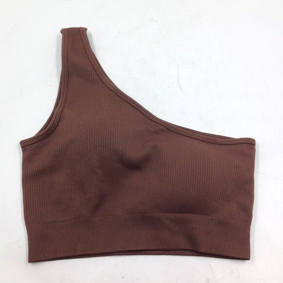 Ladies Juniors Brown One Shoulder Ribbed Padded Cropped Tank Top Bra Sz Small - Picture 1 of 2